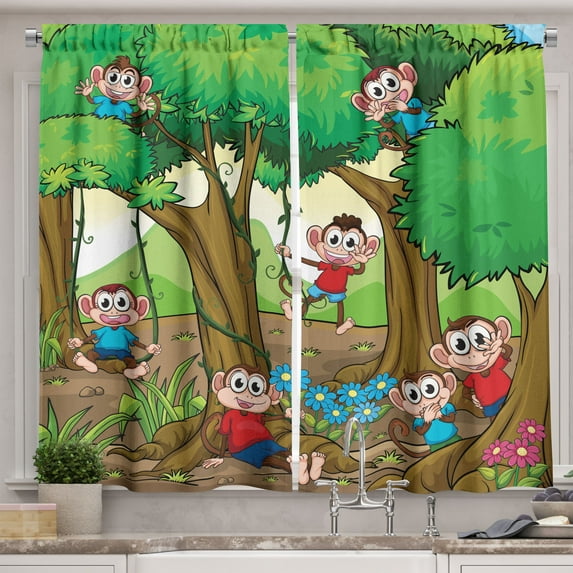Nursery Curtains 2 Panels Set, Children Kid Apes Monkeys Playing in Exotic Forest with Big Trees and Daisy Blooms, Window Drapes for Living Room Bedroom, 55W X 39L Inches, Multicolor, by Ambesonne