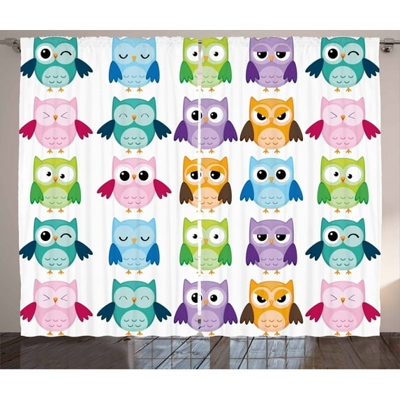Ambesonne Cartoon Curtains 2 Panel Set, Friendly Bird Owl Comic, 108" x 96", Multicolor