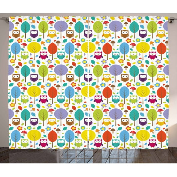 Ambesonne Cartoon Curtains 2 Panel Set, Colorful Forest Owls, 108" x 96", Multicolor