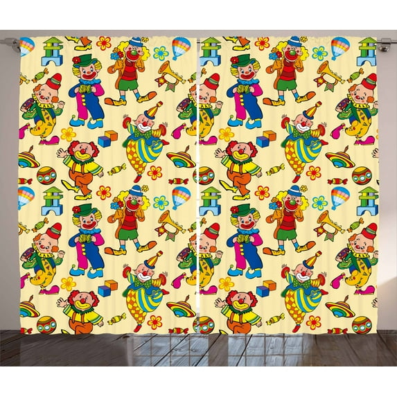 Ambesonne Cartoon Curtains 2 Panel Set, Cartoon Clown Print Art, 108" x 84", Yellow Blue