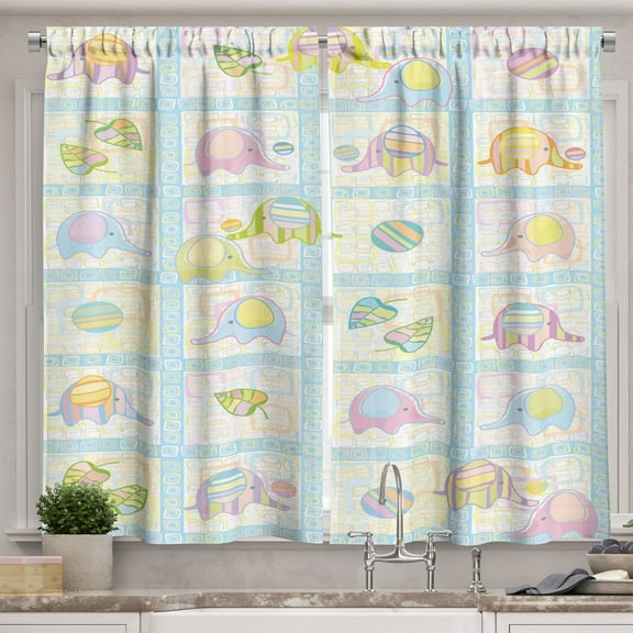 Nursery Curtains 2 Panels Set, Funny Elephants with Balls and Leaves Children Drawing Style Squares Design, Window Drapes for Living Room Bedroom, 55W X 39L Inches, Aqua Multicolor, by Ambesonne