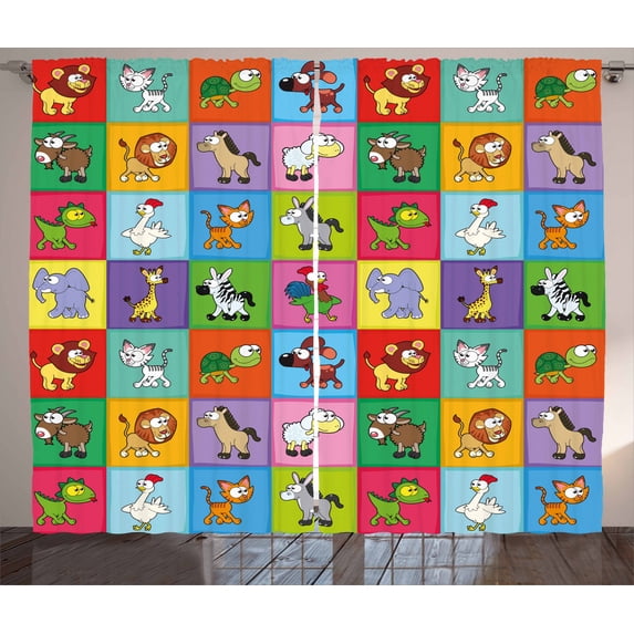Ambesonne Cartoon Curtains 2 Panel Set, Funny Young Animals, 108" x 84", Multicolor