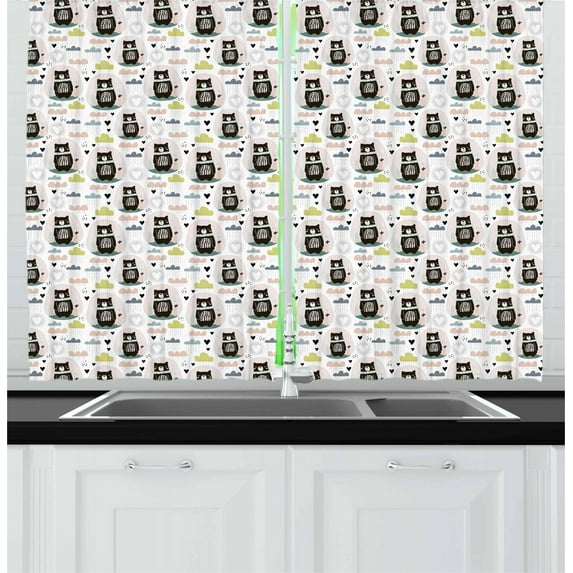 Nursery Curtains 2 Panels Set, Sleeping Bear Silhouette with Scarf Hearts and Rain Clouds Background Forest Animal, Window Drapes for Living Room Bedroom, 55W X 39L Inches, Multicolor, by Ambesonne