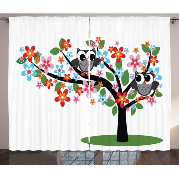 Ambesonne Cartoon Curtains 2 Panel Set, 2 Flirty Owls on Tree, 108" x 84", Multicolor
