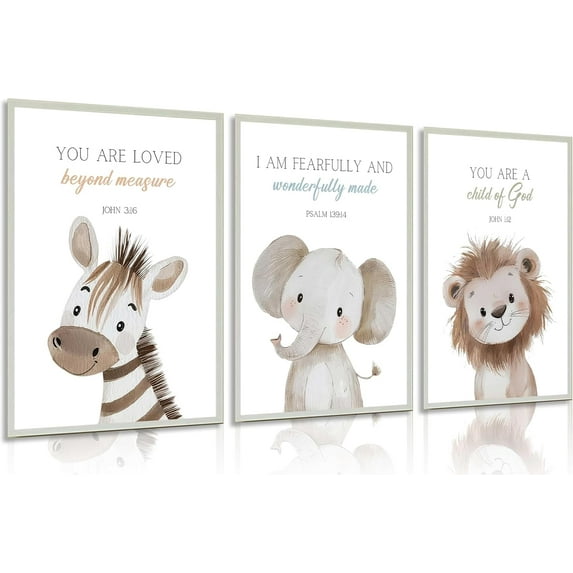 Nursery Cute Animal Wall Art Bible Verse Painting Prints Funny Safari Animals Christian Picture Wall Decor Elephant Zebra Lion Canvas Posters for Boys and Girls Home Decoration(Only canvas)