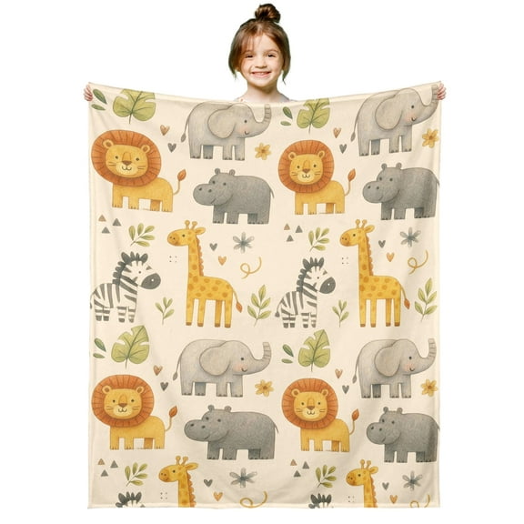 Nursery Cute Wild Animals Fleece Throw Blanket for Girls Boys Kids - Cartoon Lion Giraffe Zebra Elephant- Nature Wildlife Sherpa Zoo Animal Theme Fuzzy Throw 30x40 Inch