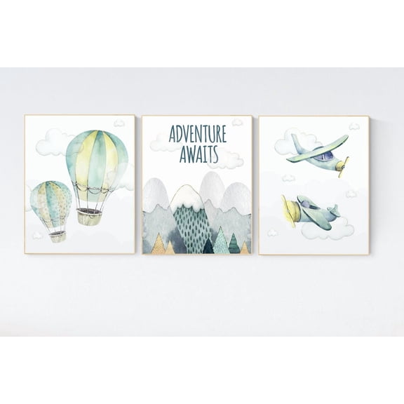 Nursery Decor Boy Mountain Adventure Nursery Travel Theme Nursery Woodland Gender Neutral Adventure Awaits Hot Air Balloon Plane 365, Stretched Canvas