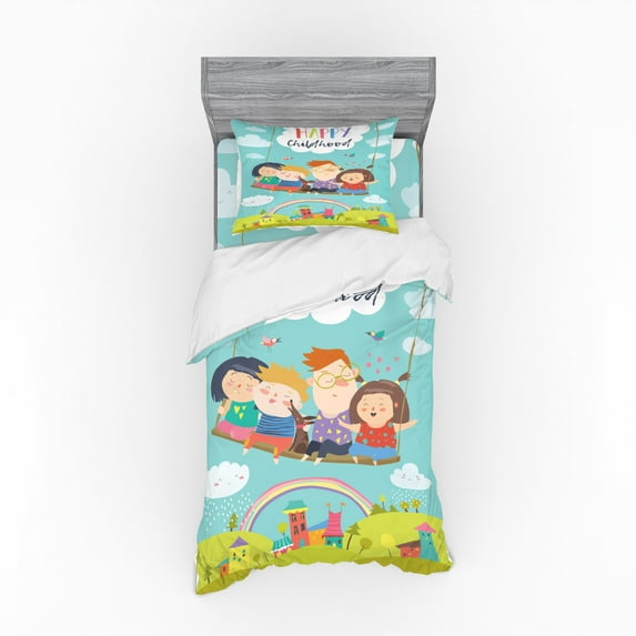 Nursery Duvet Cover Set, Happy Kids on a Swing with Dog Childhood Dreams Themed Cartoon Town Rainbow Design, Bedding Set with Shams and Fitted Sheet, 3 Sizes, by Ambesonne