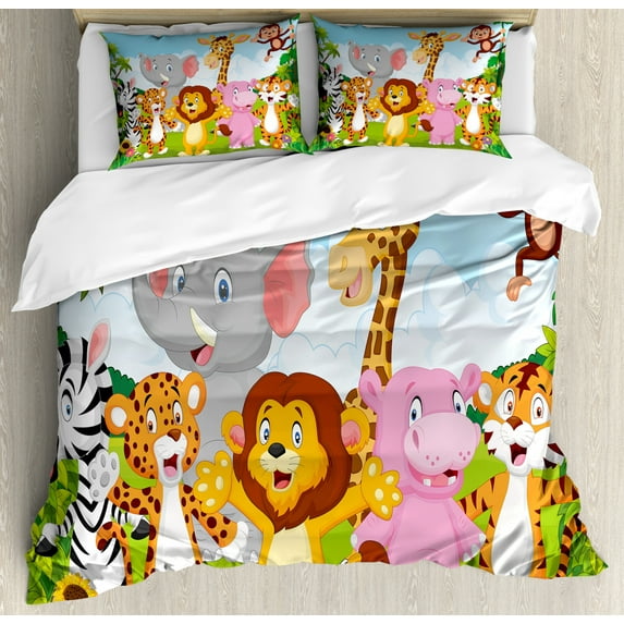Nursery Duvet Cover Set King Size, Comic African Savannah Animals Playful Friendly Safari Jungle Happy Wildlife Nature, Decorative 3 Piece Bedding Set with 2 Pillow Shams, Multicolor, by Ambesonne