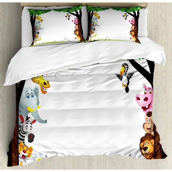 Nursery Duvet Cover Set Queen Size, Big Trees and Friendly Jungle Safari Animals Wilderness Tropical African Wildlife, Decorative 3 Piece Bedding Set with 2 Pillow Shams, Multicolor, by Ambesonne