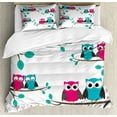 thumbnail image 1 of Nursery Duvet Cover Set Queen Size, Couples of Owls Sitting on Spring Branches Cute Funny Cartoon Characters, Decorative 3 Piece Bedding Set with 2 Pillow Shams, Turquoise Blue Pink, by Ambesonne, 1 of 3