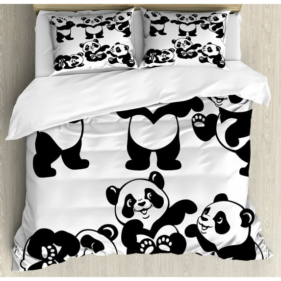 Nursery Duvet Cover Set Queen Size, Set with Playful Panda Bear in Monochrome Style Happy Young Zoo Animal Childhood, Decorative 3 Piece Bedding Set with 2 Pillow Shams, Black White, by Ambesonne