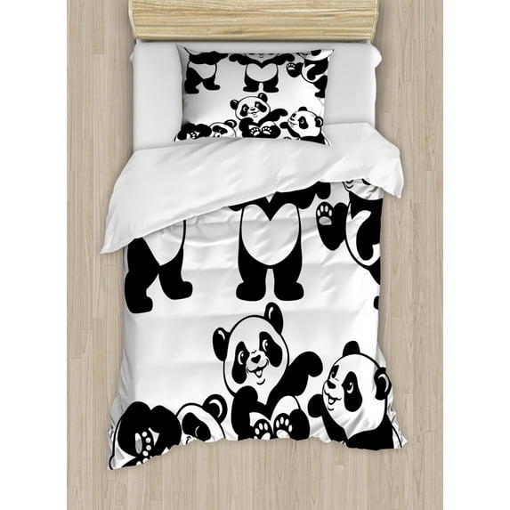 Nursery Duvet Cover Set Twin Size, Set with Playful Panda Bear in Monochrome Style Happy Young Zoo Animal Childhood, Decorative 2 Piece Bedding Set with 1 Pillow Sham, Black White, by Ambesonne