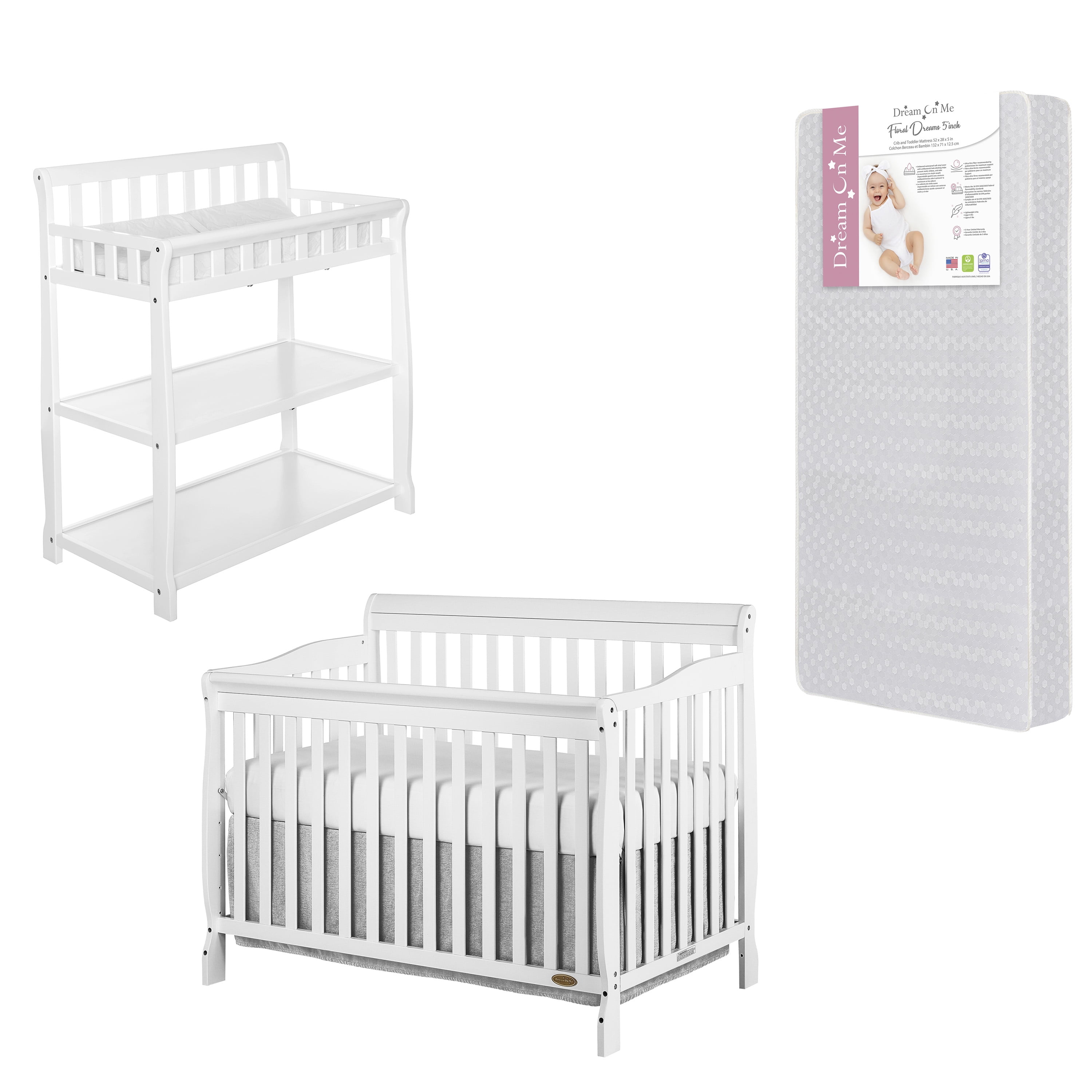 Nursery Essentials Bundle of Dream On Me Ashton 5-in-1 Convertible Crib, Dream On Me Ashton Changing table, with a Dream On Me Honeycomb Orthopedic Firm Fiber Standard Crib Mattress In White