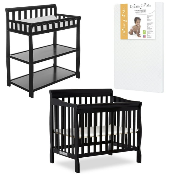 Nursery Essentials Bundle of Dream On Me Aden Convertible 4 in 1 Mini Crib, Dream On Me Ashton Changing Table, with a Dream On Me Sunset 3” Extra Firm Fiber Portable Crib Mattress, Black