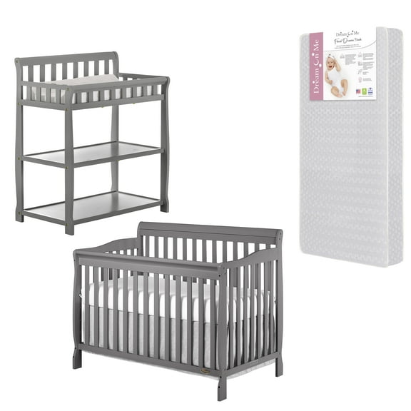 Nursery Essentials Bundle of Dream On Me Ashton 5-in-1 Convertible Crib, Dream On Me Ashton Changing table, with a Dream On Me Honeycomb Orthopedic Firm Fiber Standard Crib Mattress In Storm Grey
