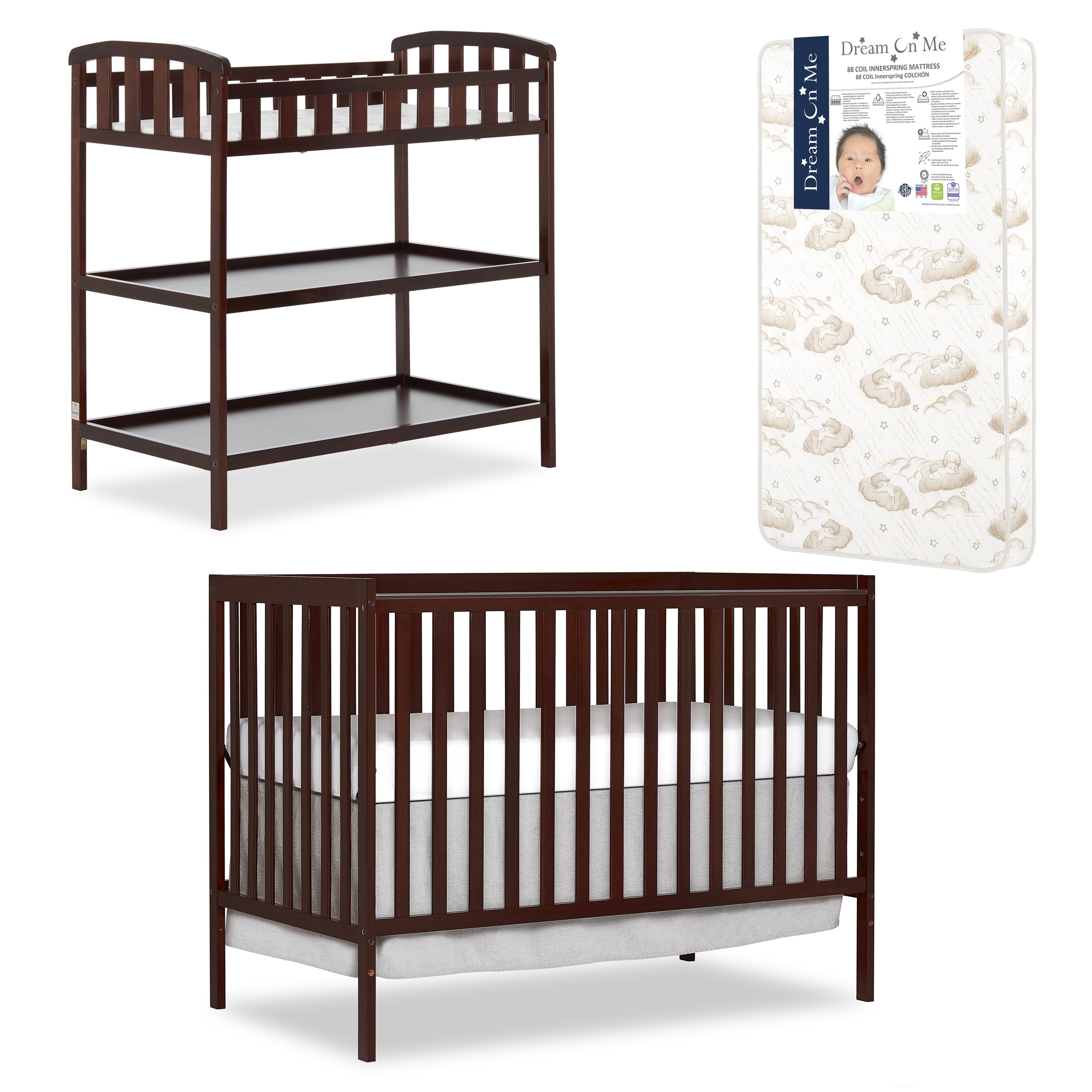 Nursery Essentials Bundle of Dream On Me Synergy 5 in 1 Convertible Crib, Dream On Me Emily Changing Table, with a Dream On Me Twilight 5” 88 Coil Inner Spring Crib And Toddler Mattress In Espresso
