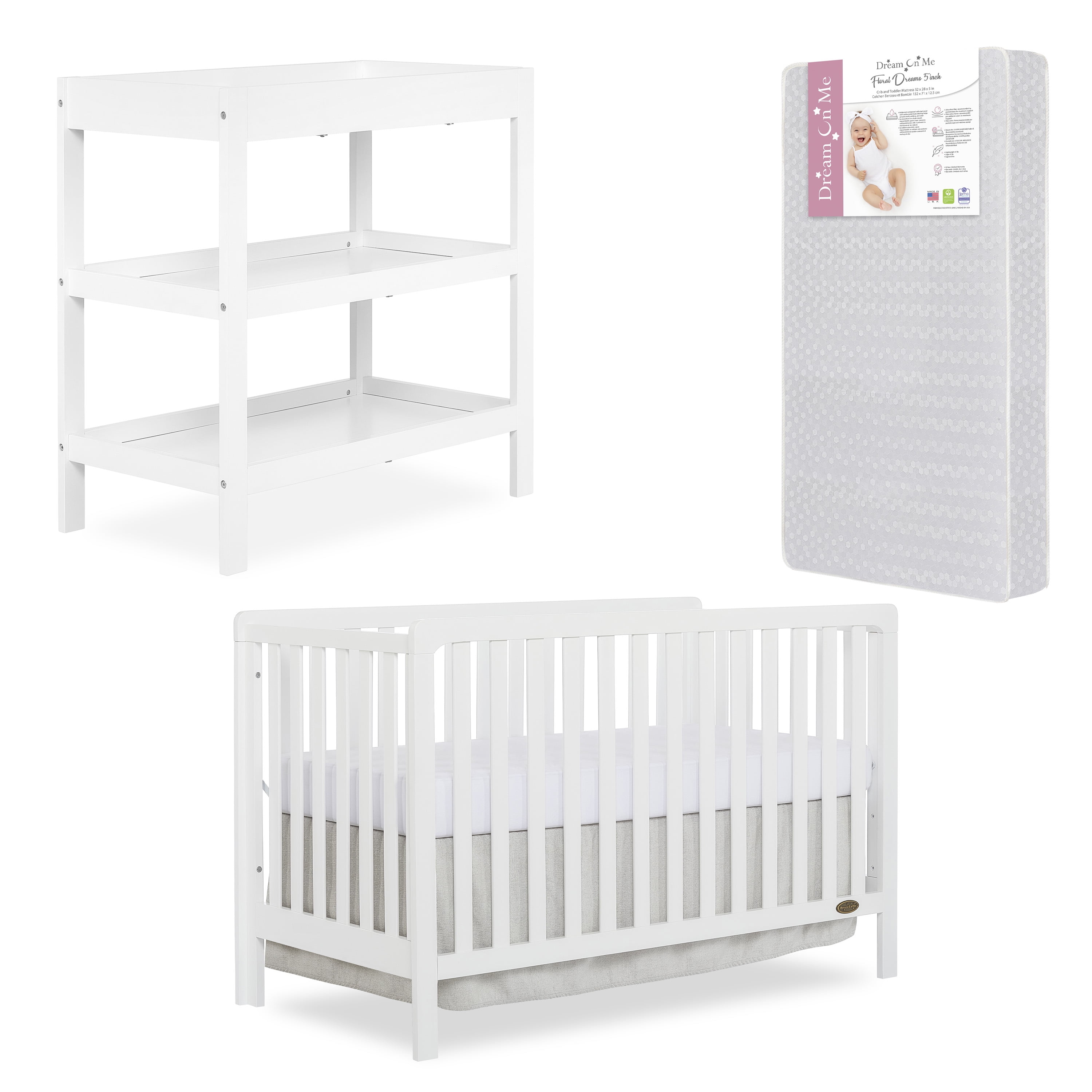 Nursery Essentials Bundle of Dream On Me Ridgefield 5-in-1 Convertible Crib, Dream On Me Ridgefield Changing Table, with a Dream On Me Honeycomb Orthopedic Firm Fiber Standard Crib Mattress