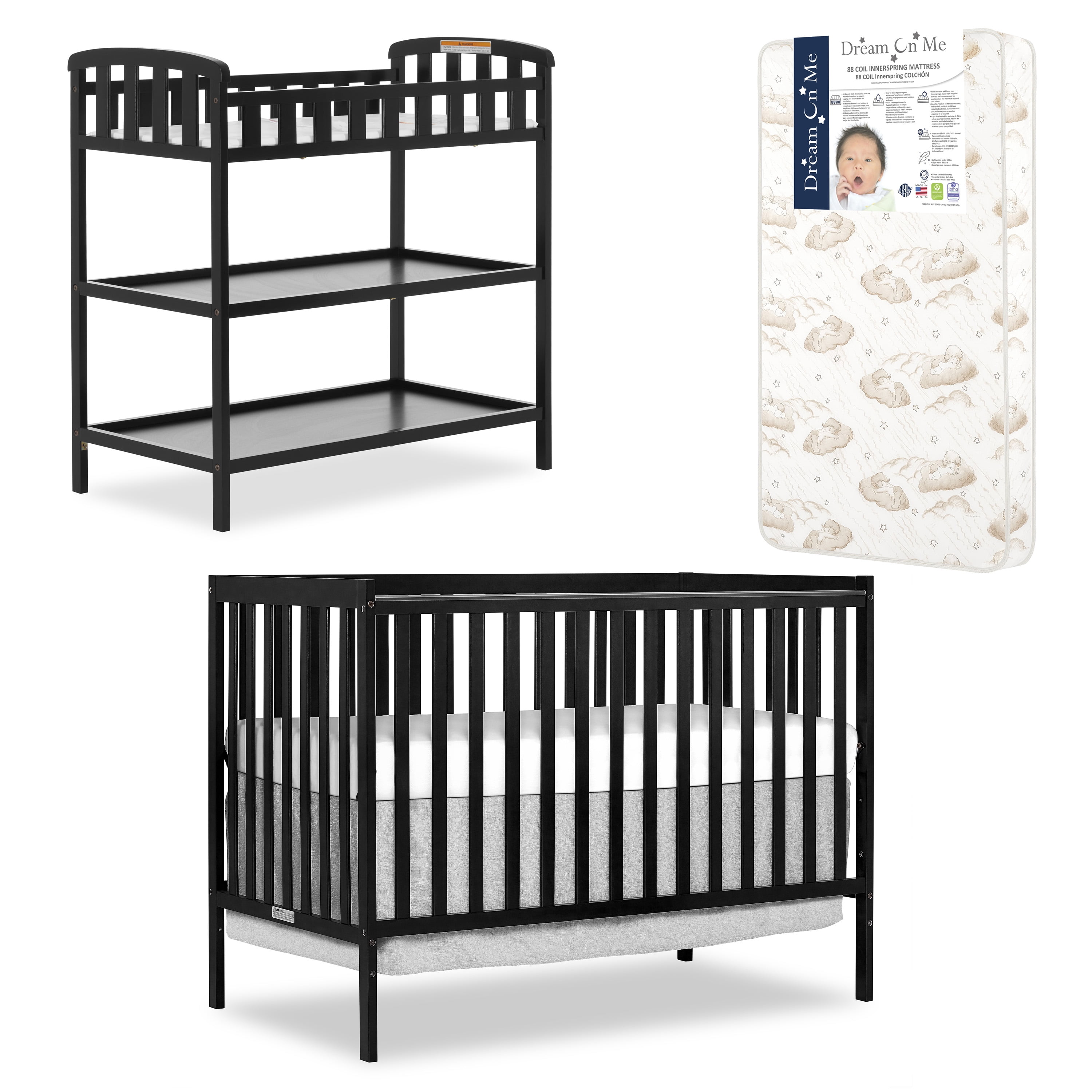 Nursery Essentials Bundle of Dream On Me Synergy 5 in 1 Convertible Crib, Dream On Me Emily Changing Table, with Dream On Me Twilight 5” 88 Coil Inner Spring Crib And Toddler Mattress In Black