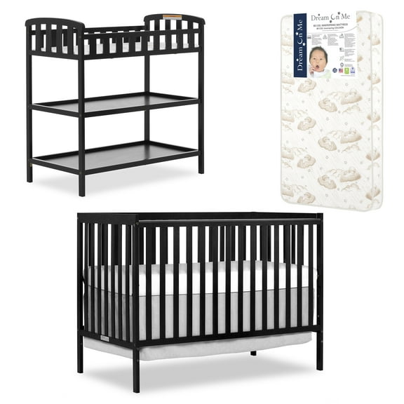 Nursery Essentials Bundle of Dream On Me Synergy 5 in 1 Convertible Crib, Dream On Me Emily Changing Table, with Dream On Me Twilight 5” 88 Coil Inner Spring Crib And Toddler Mattress In Black