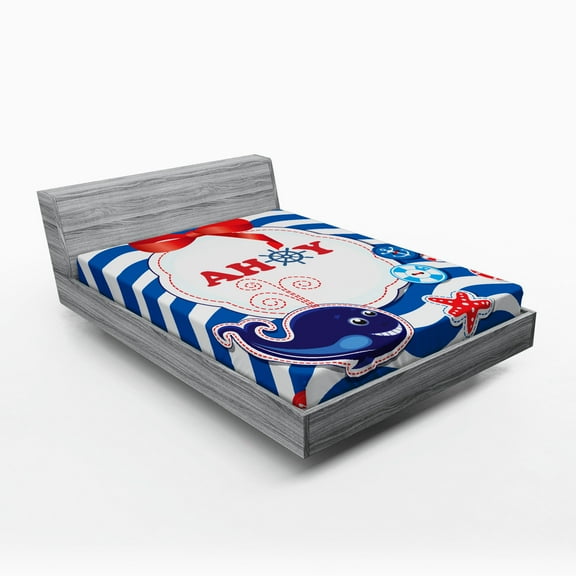 Ambesonne Cartoon Fitted Sheet, Marine Ahoy Whale, Queen Size, Cobalt Blue Vermilion