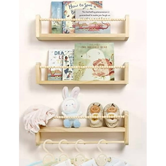 Nursery Floating Shelves for Wall, Set of 3 Book Shelves Natural Wood Wall Mounted Organizer with Towel Bar Hanging Bookshelves Nursery Decor for Kids Room, Bedroom and Kitchen