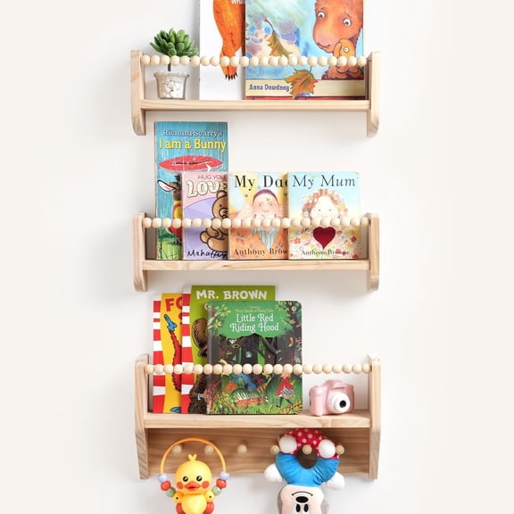 Nursery Floating Shelves for Kids Rooms  16 Inches Wall Bookshelves, Space - Saving Room, Bedroom and Study Room,Set of 3 (Pre-Strung Bead Strings)