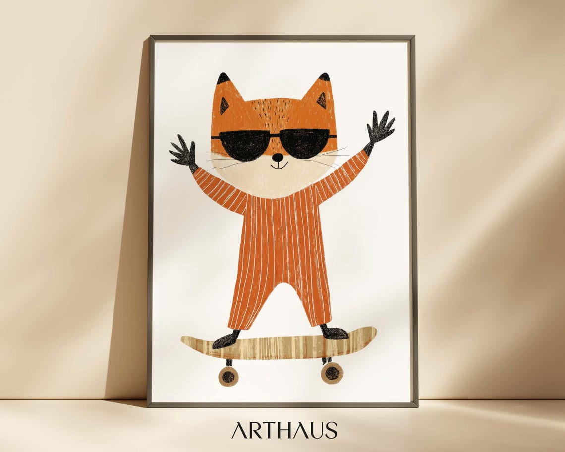 Nursery Fox Wall Art Kids Room Decor Cute Fox Skateboard Fox Poster ...