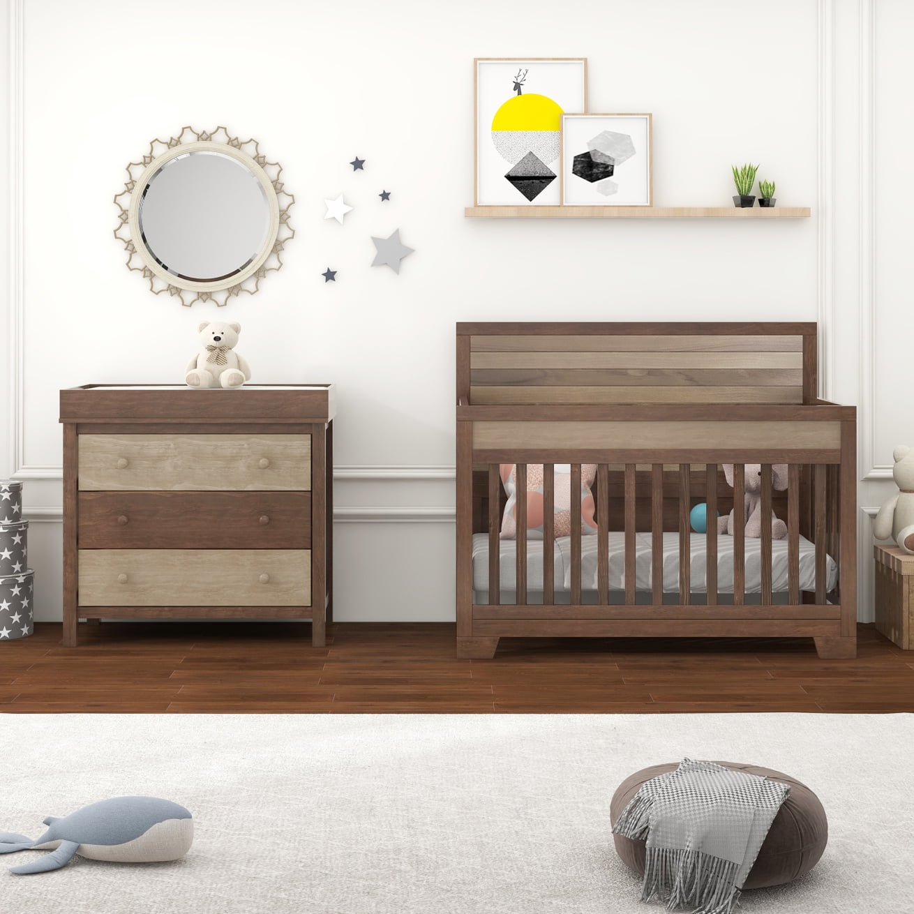 Nursery Furniture Sets with Baby Crib and Dresser, Mini Crib with 3