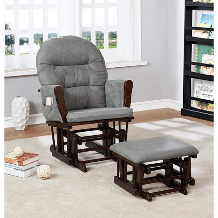 Nursery Glider & Ottoman Sets, Reclining Swivel Glider Rocker with Ottoman, Nursery Rocking Chair for Baby Room, Upholstered Nursery Recliner Glider with Ottoman, Padded Arms -Dark Gray, Espresso