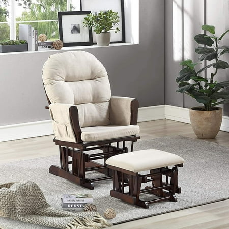 Nursery Glider & Ottoman Sets, Reclining Swivel Glider Rocker with Ottoman, Nursery Rocking Chair for Baby Room, Upholstered Nursery Recliner Glider with Ottoman, Padded Arms - Dark Gray, White