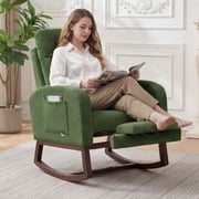 Nursery Glider Rocking Chair with Adjustable Footrest, High Back, Side Pocket, Upholstered Nursing Rocker with Solid Wood Base for Nursery/Living Room/Bedroom - Walnut Legs, Corduroy, Green