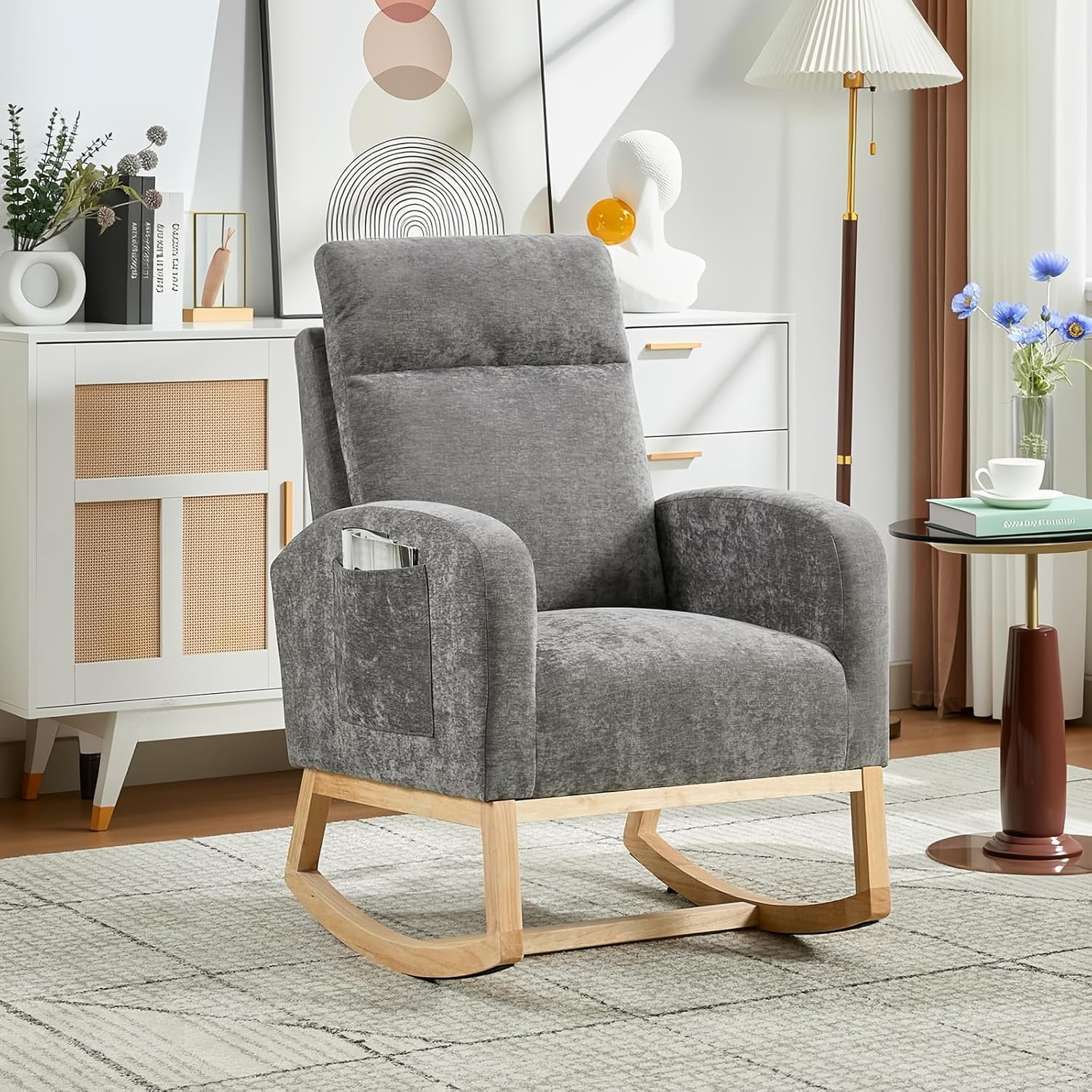 Nursery Glider Rocking Chair with Side Pocket - High Back Rocking Armchair with Rubber Wood Legs, Accent Chair for Living Room, Bedroom, Nursing Room, Nursery