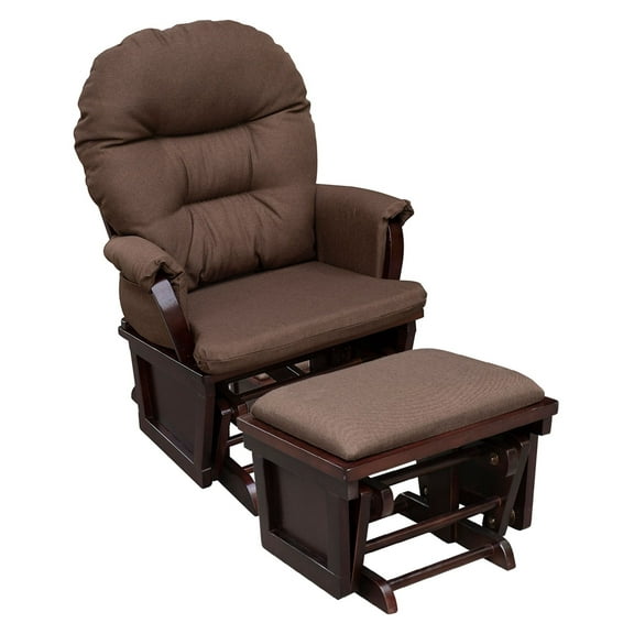 Nursery Glider Rocking Chair with Ottoman, Thick Cushion Comfort, Brown Wood Base - Perfect for Nursery, Living Room, Reading