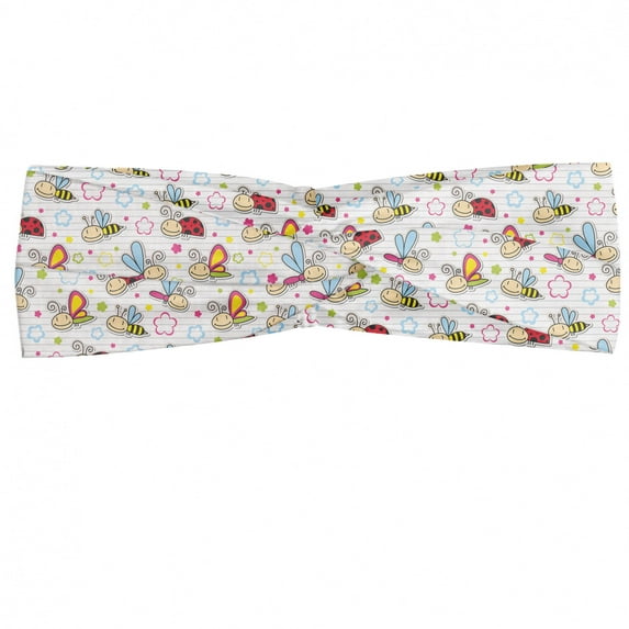 Nursery Headband, Bugs with Colorful Flowers Ladybugs Dragonflies Bees Animal Fun, Elastic and Soft Women's Bandana for Sports and Everyday Use, Grey Red Coconut, by Ambesonne