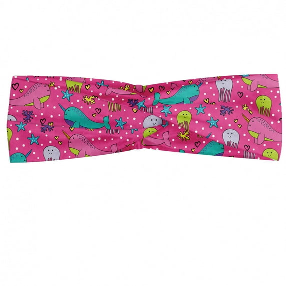 Nursery Headband, Colorful Childish Fun Pattern with Narwhal and Jellyfish Stars Hearts, Elastic and Soft Women's Bandana for Sports and Everyday Use, Grey Red Coconut, by Ambesonne