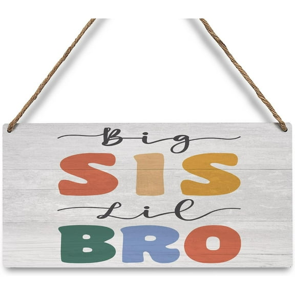Nursery Kids Room Decor Big Bro Lil Sis Wooden Hanging Sign Wall Decor, Sisters Brothers Rustic Wooden Plaque with Rope, 12x6 Inch