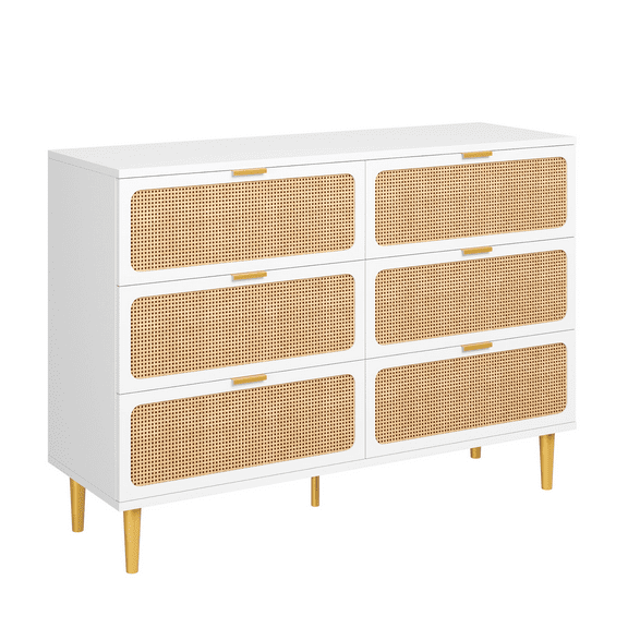 Nursery & Kids Room Dresser - Modern Rattan 6-Drawer Wooden Chest, Large Deep Storage Organizer for Baby Clothes, Bedroom, Living Room– White Cabinet