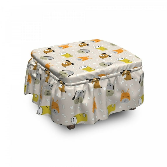 Nursery Ottoman Cover, Cartoon Dog Faces, 2 Piece Slipcover Set with Ruffle Skirt for Square Round Cube Footstool Decorative Home Accent, Standard Size, Multicolor, by Ambesonne