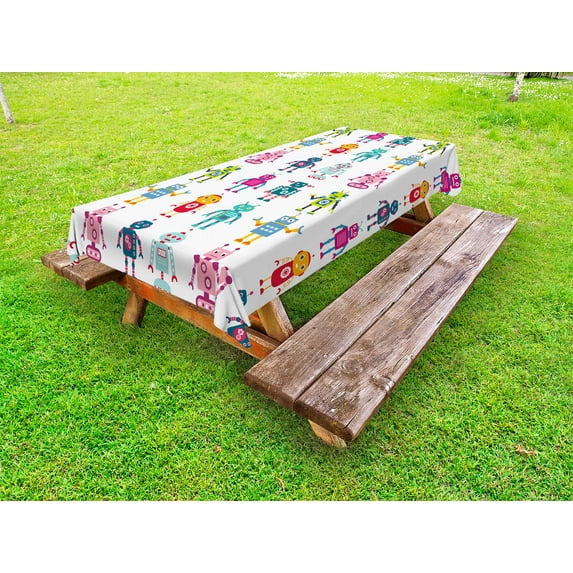 Nursery Outdoor Tablecloth, Colorful Cartoon Set of Robot Figures Futuristic Funny Mascots Friendly Androids, Decorative Washable Fabric Picnic Table Cloth, 58 X 84 Inches,Multicolor, by Ambesonne