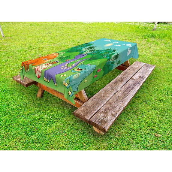 Nursery Outdoor Tablecloth, Funny Dinosaurs and Tropical Rainforest Cartoon Jungle Green Landscape Kids Theme, Decorative Washable Fabric Picnic Table Cloth, 58 X 84 Inches,Multicolor, by Ambesonne