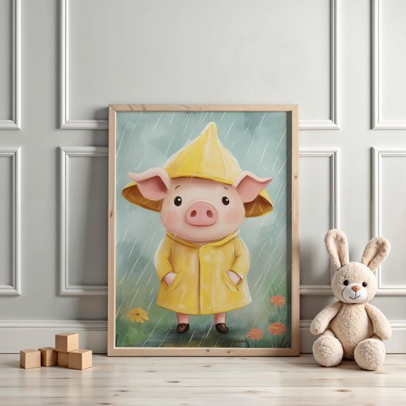 Nursery Pig Wall Art Cute Pig In Rain Colorful Childrens, Unframed Paper Poster 8x10in
