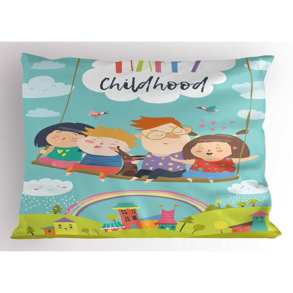 Nursery Pillow Sham Happy Kids on a Swing with Dog Childhood Dreams Themed Cartoon Town Rainbow Design, Decorative Standard Queen Size Printed Pillowcase, 30 X 20 Inches, Multicolor, by Ambesonne