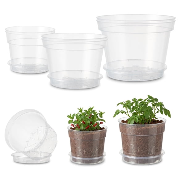 Nursery Pots, Plant Pots with Saucers 6 Pack 6/8/10 Inch Clear Plastic - Thickened with Drainage Holes for Seedlings, Indoor Outdoor