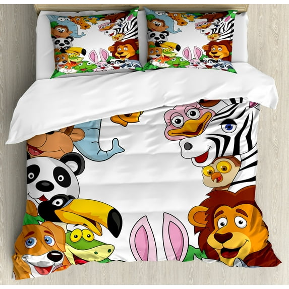 Nursery Queen Size Duvet Cover Set, Wild Jungle Animals Tropical Fauna Family Collection Happy Faces in Cartoon Style, Decorative 3 Piece Bedding Set with 2 Pillow Shams, Multicolor, by Ambesonne