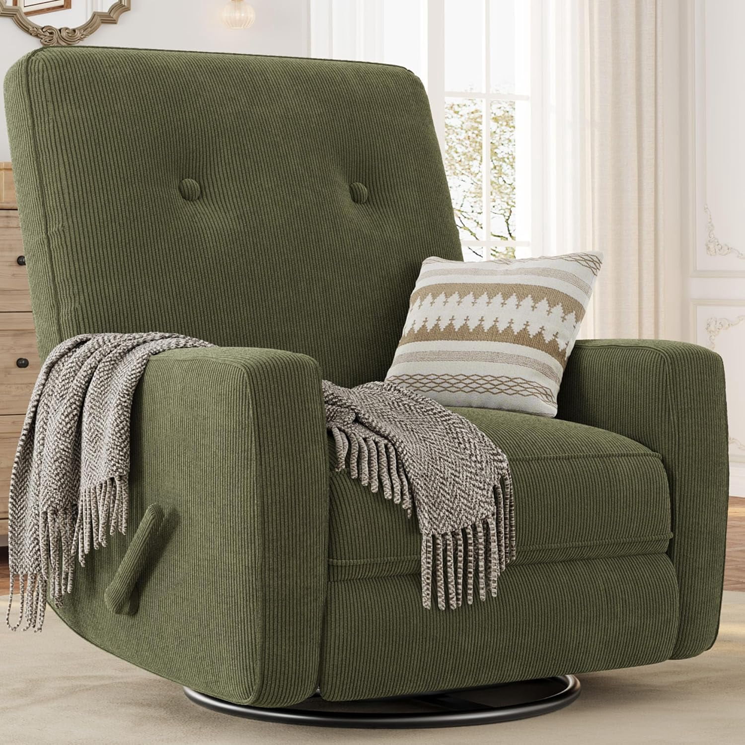 Nursery Recliner Chair, 360° Swivel Rocking Glider Chair for Adults with Adjustable Backrest & Footrest, Cozy Corduroy Upholstered Armchair for Living Rooms, Bedrooms, Apartments, Green