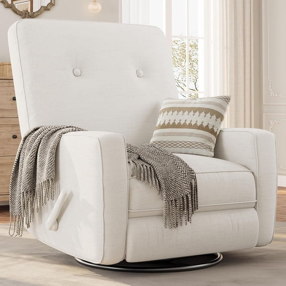 Nursery Recliner Chair, 360 Swivel Rocking Glider Chair for Adults with Adjustable Backrest & Footrest, Cozy Linen Upholstered Armchair for Living Rooms, Bedrooms, Apartments, Beige