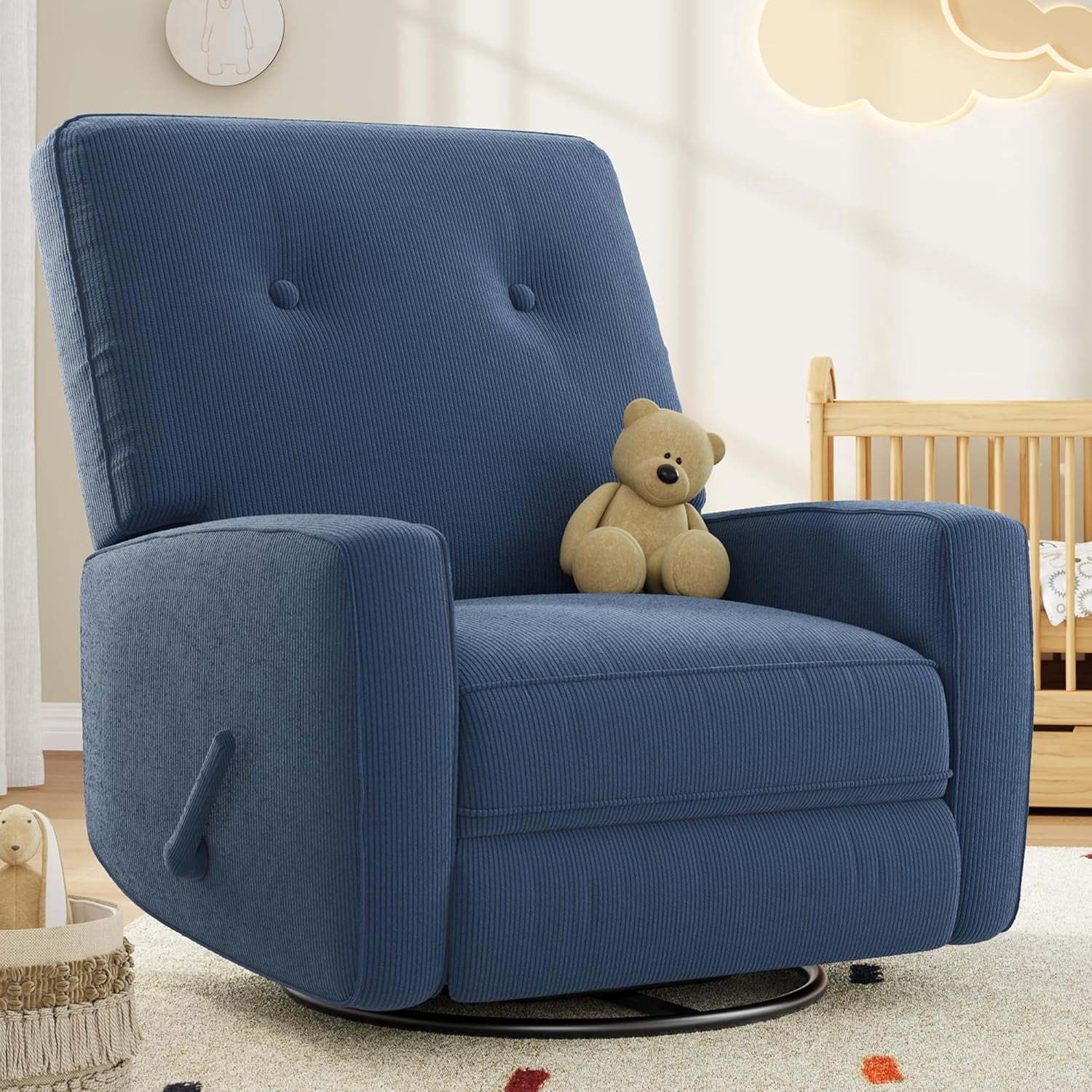 Nursery Recliner Chair, 360° Swivel Rocking Glider Chair for Adults with Adjustable Backrest & Footrest, Upholstered Armchair for Living Rooms, Bedrooms, Apartments, Blue