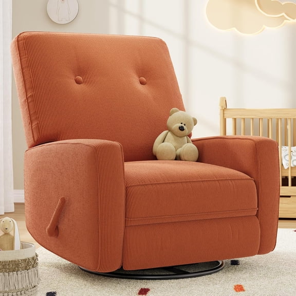 Nursery Recliner Chair, 360 Swivel Rocking Glider Chair for Adults with Adjustable Backrest & Footrest, Upholstered Armchair for Living Rooms, Bedrooms, Apartments, Orange