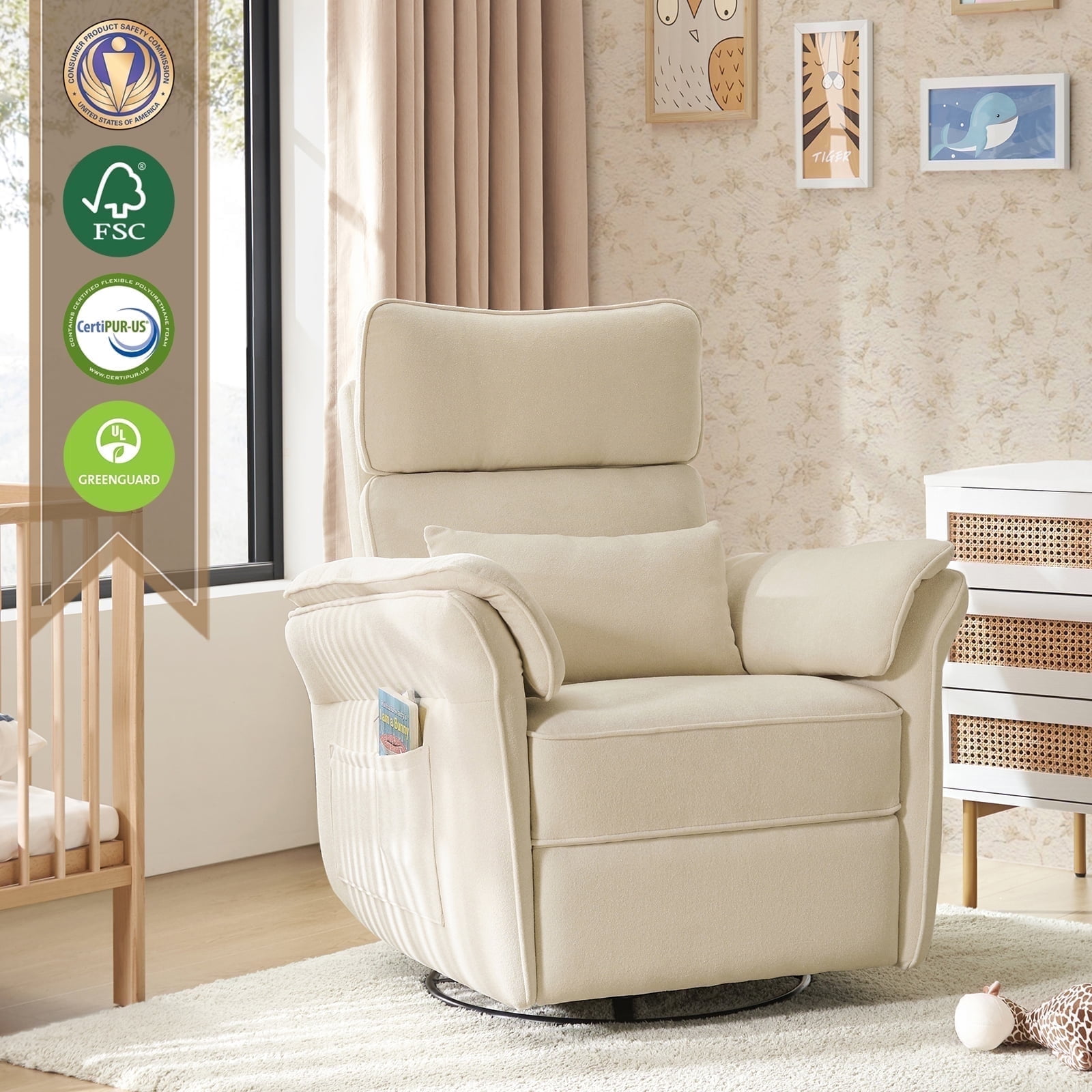 Nursery Recliner Chair Electric Power Glider Swivel Rocking with USB, Waterproof Stain-resistant, Beige